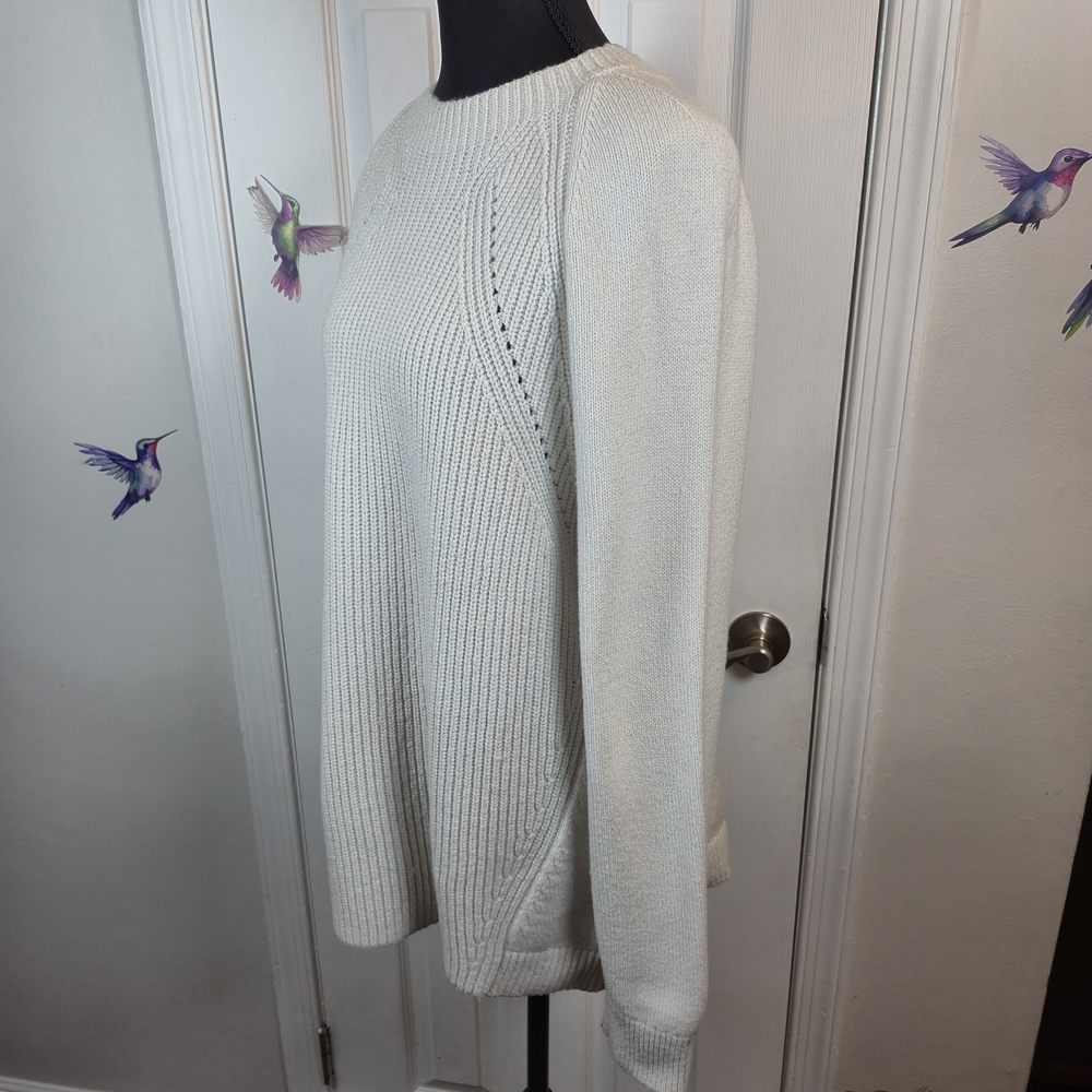 LOFT Alpaca Wool Blend Ribbed Pointelle Raglan Knit Sweater Cream Large - Picture 3 of 7